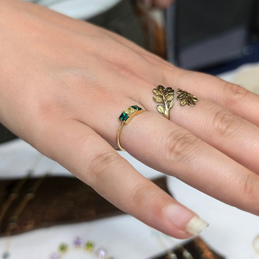 Hand wearing two rings with a blurred background