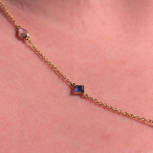 The Celestial Rhythm – 18K Gold Necklace with Moonstone & Sapphire