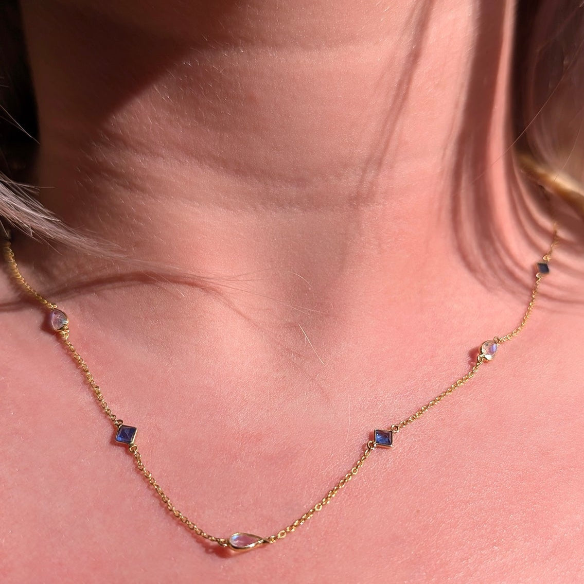 The Celestial Rhythm – 18K Gold Necklace with Moonstone & Sapphire