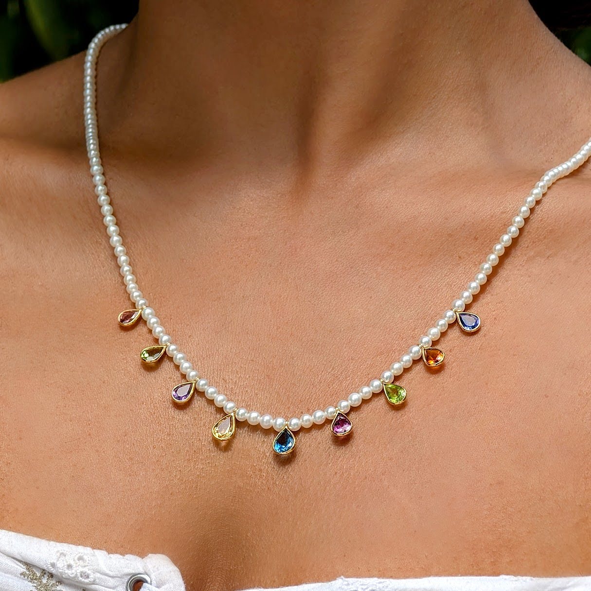 The Summer Sonata – 18K Gold Pearl Necklace with Coloured Gemstones