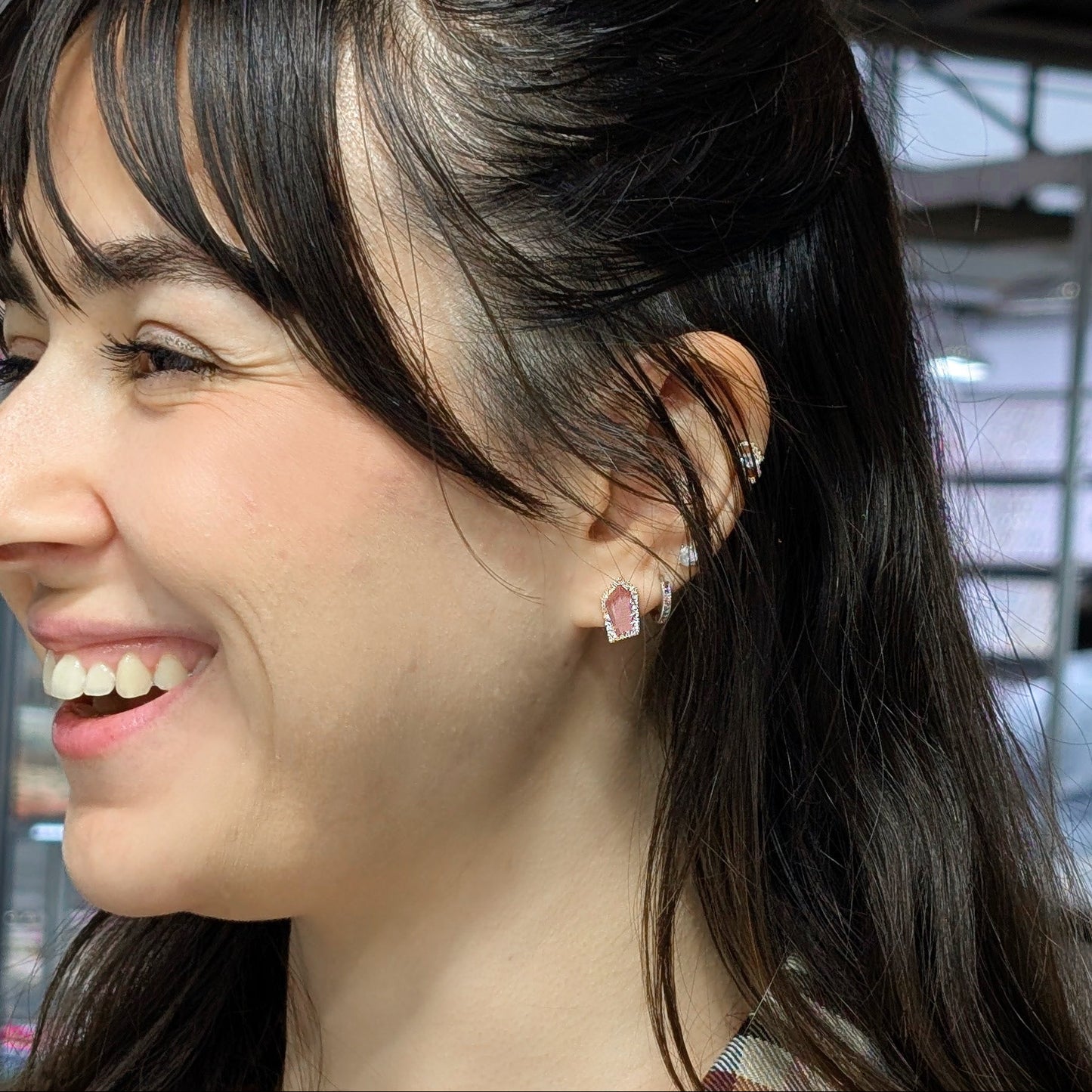 Blush Geometry – 18K Pink Sapphire & Diamond Stud Earrings