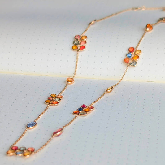 Necklace with colorful gemstones on a white surface