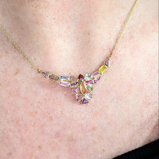 The Mosaic Bloom Necklace – 18K Gold with Multi-Coloured Sapphires