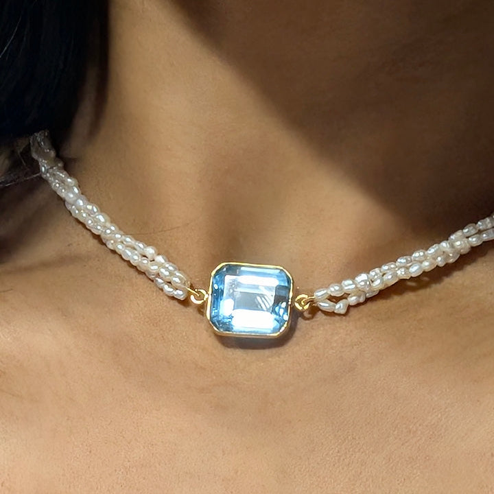 Azure Poise – 18K Swiss Blue Topaz & Pearl Necklace
