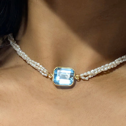 Azure Poise – 18K Swiss Blue Topaz & Pearl Necklace