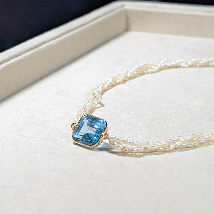 Azure Poise – 18K Swiss Blue Topaz & Pearl Necklace
