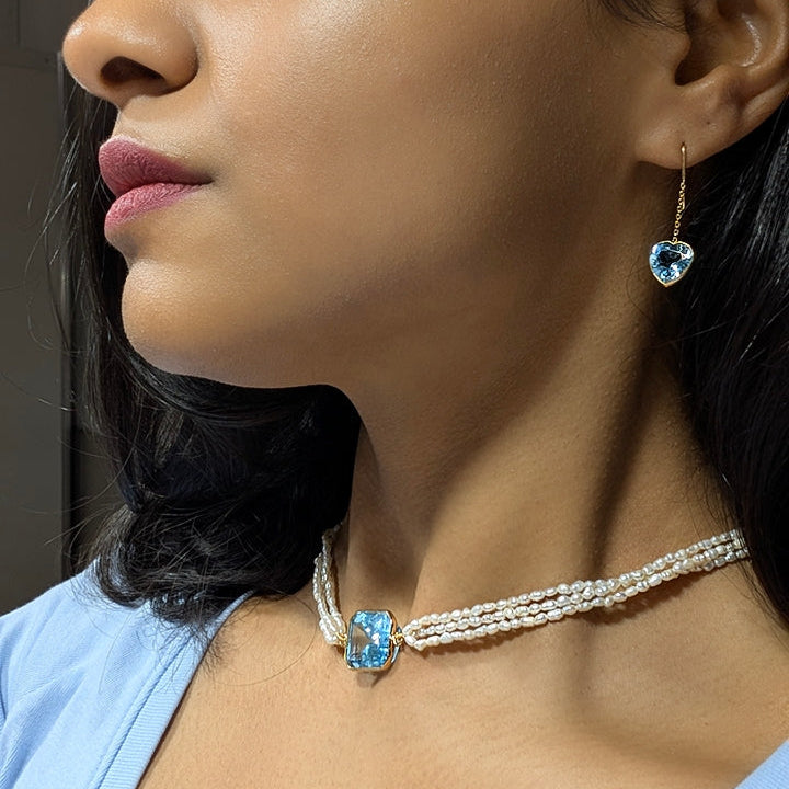 Azure Poise – 18K Swiss Blue Topaz & Pearl Necklace