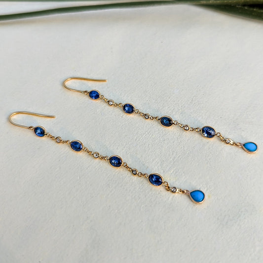 The Cascade Earrings – 18K Gold, Sapphires, Diamonds & Turquoise