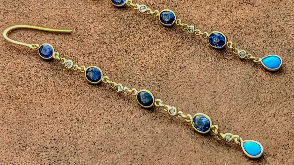 The Cascade Earrings – 18K Gold, Sapphires, Diamonds & Turquoise