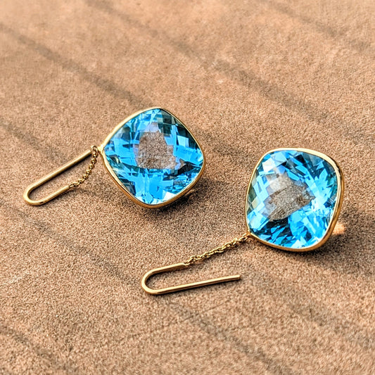 Gold earrings with blue topaz gemstones on a beige surface