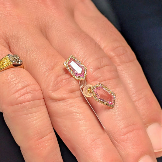 Blush Geometry – 18K Pink Sapphire & Diamond Stud Earrings