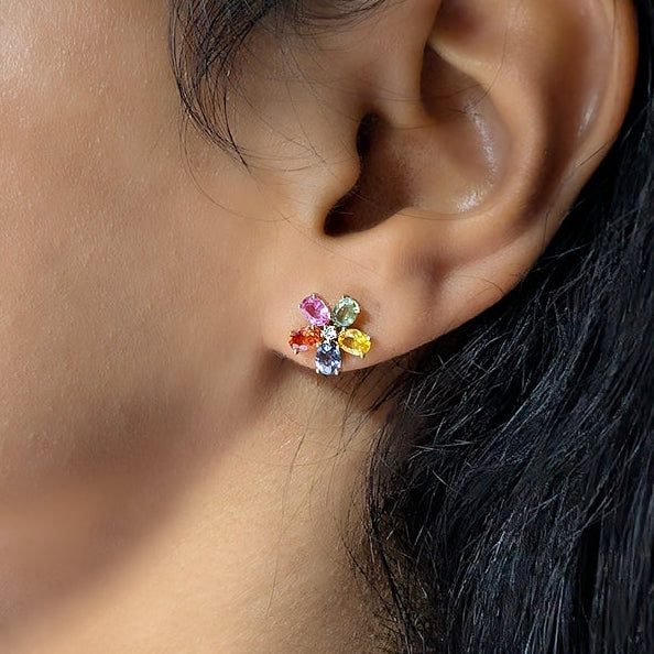 Pastel Bloom – 18K Sapphire & Diamond Studs